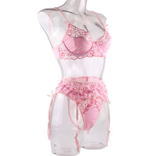 Load image into Gallery viewer, Women Sexy Heart-Shaped Embroidery Underwear See-Through Erotic Bow-Knot Bra and Briefs Set Sensual Lingerie 3 Pieces Set