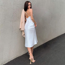 Load image into Gallery viewer, Women Sexy High Split Sling Dress Pile Collar Backless Spaghetti Strap Dress 2021 Female White Leopard Elegant Party Dresses