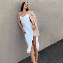 Load image into Gallery viewer, Women Sexy High Split Sling Dress Pile Collar Backless Spaghetti Strap Dress 2021 Female White Leopard Elegant Party Dresses