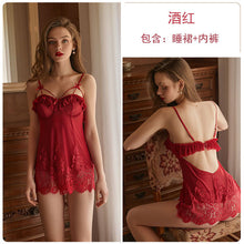 Load image into Gallery viewer, Women Sexy Hot Gauze Lace See-through Nightdress Thong Set Femme Porno Lingerie Erotic Steel Slip Skirt Slutty Babydoll Dress