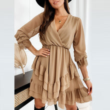Load image into Gallery viewer, Women Sexy Lace Patchwork Office Mini Dress Autumn Elastic Waist Slim Party Dress 2022 Spring Wrap V Neck Ruffled Chiffon Dress