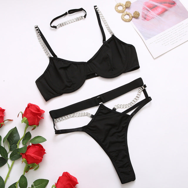 Women Sexy Lingerie 3 Pieces Underwear Set with Metal Choker Bra and Briefs See-Through Panties Erotic Sensual Underwear