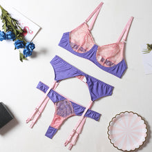 Load image into Gallery viewer, Women Sexy Lingerie Embroidery Patchwork Satin Underwear Erotic Underwire Bra Set Garters Sensual Lingerie Perspective Underwear