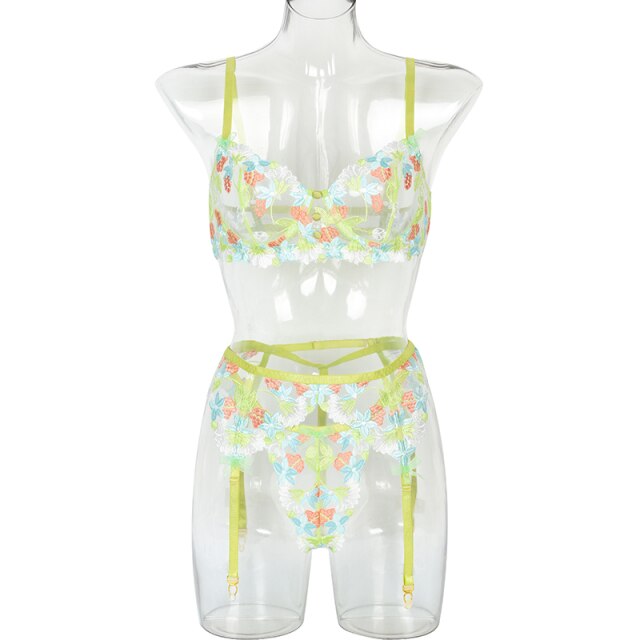 Women Sexy Lingerie Floral Embroidery Erotic Underwear Set Lace Transparent Brief Sets Fancy Underwire Bra Garters and Thongs