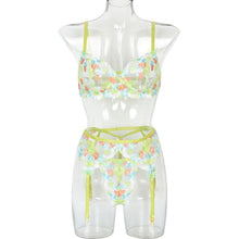 Load image into Gallery viewer, Women Sexy Lingerie Floral Embroidery Erotic Underwear Set Lace Transparent Brief Sets Fancy Underwire Bra Garters and Thongs