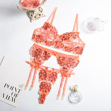 Load image into Gallery viewer, Women Sexy Lingerie Floral Embroidery Underwear 3 Pieces Set Erotic Bra Set Garters Sensual Lingerie Transparent Sex Underwear