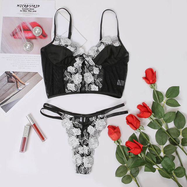 Women Sexy Lingerie Flower Embroidery Underwear Erotic Push Up Bra and Brief Set Garters Belt Sensual Lingerie Exotic Underwear