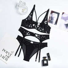 Load image into Gallery viewer, Women Sexy Lingerie Garters Underwear Lace Embroidery Push Up Underwire Mesh Bras Sex Panties Temptation Erotic Underwear Set