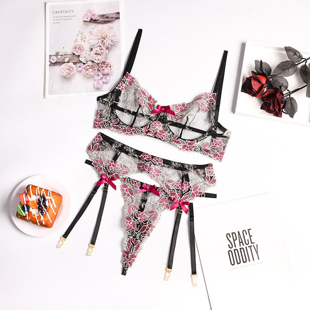 Women Sexy Lingerie Lace Bra Set Sexy Lingerie Exotic Costumes Underwear Perspective Bra with Garters Porn Erotic Lingerie Sets