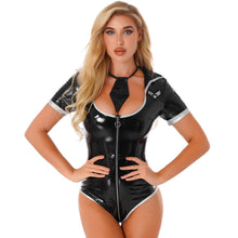 Load image into Gallery viewer, Women Sexy Lingerie Latex Patent Leather Bodysuit Exotic Costumes Police Cosplay Outfit Short Sleeve Zipper Leotard with Necktie
