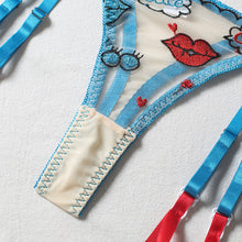 Load image into Gallery viewer, Women Sexy Lingerie Lips Embroidery Underwear 3 Pieces Set Erotic Bra Set Garters Sensual Lingerie Transparent Sex Underwear