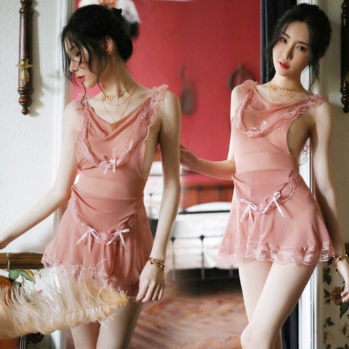 Women Sexy Lingerie Maid Role Play Uniform Temptation Mesh Lace Kitchen Dress Feminine Cosplay Costume Teddy Backless Nightdress