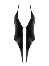 Load image into Gallery viewer, Women Sexy Lingerie Open Crotch Catsuit Wet Look Patent Leather Bodysuit Underwear V Neck Back Crisscross Adjustable Clubwear