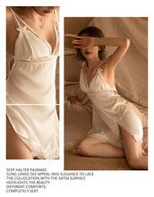 Load image into Gallery viewer, Women Sexy Lingerie Seductive Sling Vented Nightdress Thong Suit Summer Thin Satin Lace Nightgown Femme Sleepshirts