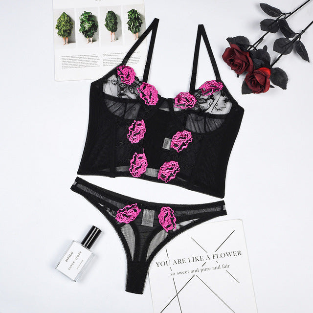 Women Sexy Lingerie Underwear Set Transparent Floral Embroidery Push Up Bra Panty Erotic Costumes Sensual Lingerie Underwear