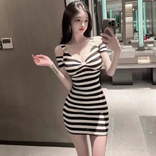 Load image into Gallery viewer, Women Sexy Mini Bodycon Dress Black White Stripes Milk silk Soft Female Dress Deep V-neck Strap Sheath Bodycon Club Party Dresse