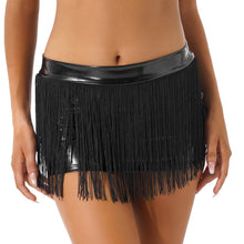 Load image into Gallery viewer, Women Sexy Mini Tassel Skirt Wetlook Leather Above Knee Black Fringe Short Micro Mini Skirt Summer Dance Clubwear Party ClubWear