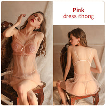 Load image into Gallery viewer, Women Sexy Nightdress Slutty Lingerie Set Mesh See-through Backless Skirt Femme Erotic Porno Dress G-string Love Embroidery