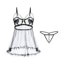 Load image into Gallery viewer, Women Sexy Nightdress Slutty Lingerie Set Mesh See-through Backless Skirt Femme Erotic Porno Dress G-string Love Embroidery