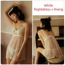 Load image into Gallery viewer, Women Sexy Nightdress Thong Lace Nightgown Polka dot Mesh See Through Femme Lingerie Dress Erotic Porno White Black Cute