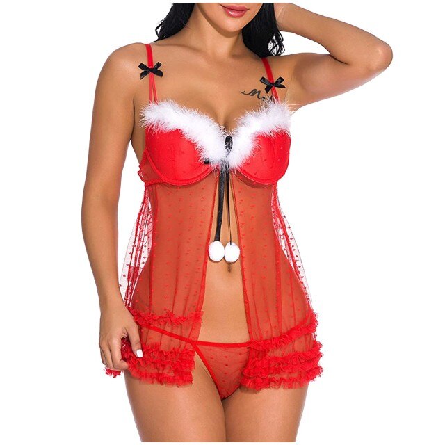 Women Sexy Nightgown Christmas Santa Claus Red Lace Transparent Dress Nightdress Exotic Underwear Xmas Sensual Lingerie Sets