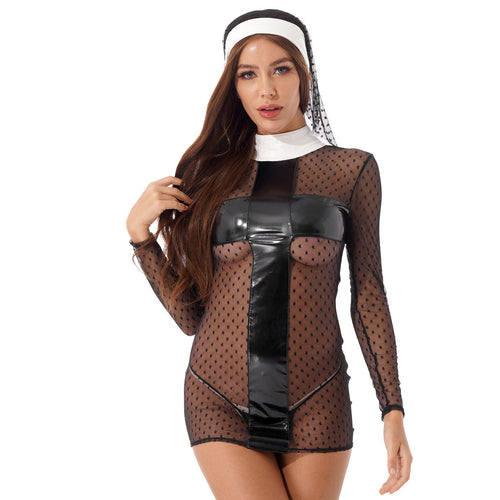 Women Sexy Nun Sister Costume Party Fancy Dress See-through Mesh Mini Dress Headwear G-string Sets Halloween Cosplay Costumes