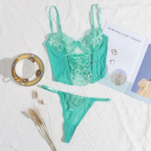Load image into Gallery viewer, Women Sexy Outfits See Through Lace Lingerie Green Langerie Sissy Erotic Intimate Back Bandage Transparent Floral Bra and Panty