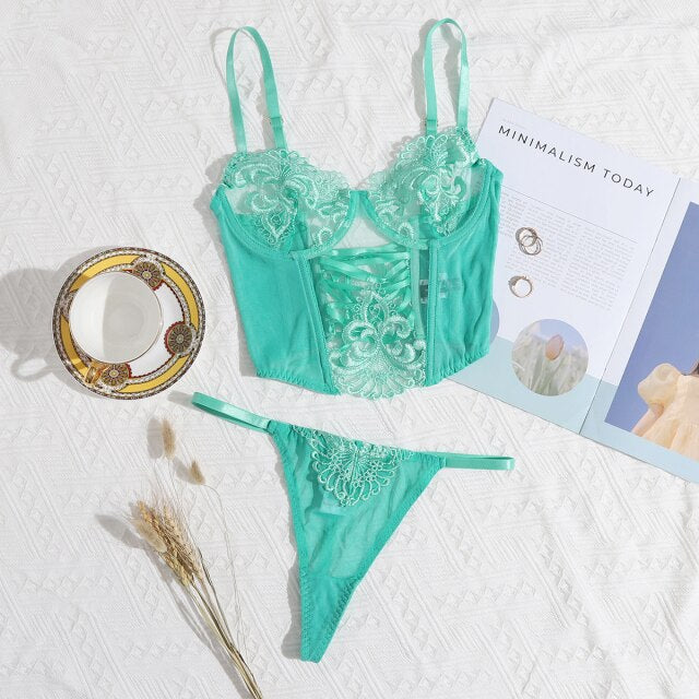 Women Sexy Outfits See Through Lace Lingerie Green Langerie Sissy Erotic Intimate Back Bandage Transparent Floral Bra and Panty