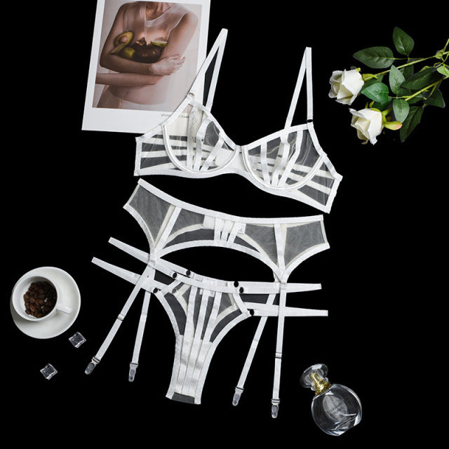 Women Sexy Patchwork Lingerie Set Garter Lace Bra Hollow Out Bras Sex Thong Transparent Temptation Erotic Underwear Set