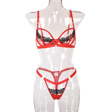 Load image into Gallery viewer, Women Sexy Patchwork Underwear Hollow Out Erotic Costumes Bra and Thong Sensual Lingerie Lace Exotic 2 Pieces Night Underwear