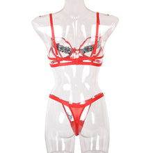 Load image into Gallery viewer, Women Sexy Patchwork Underwear Hollow Out Erotic Costumes Bra and Thong Sensual Lingerie Lace Exotic 2 Pieces Night Underwear