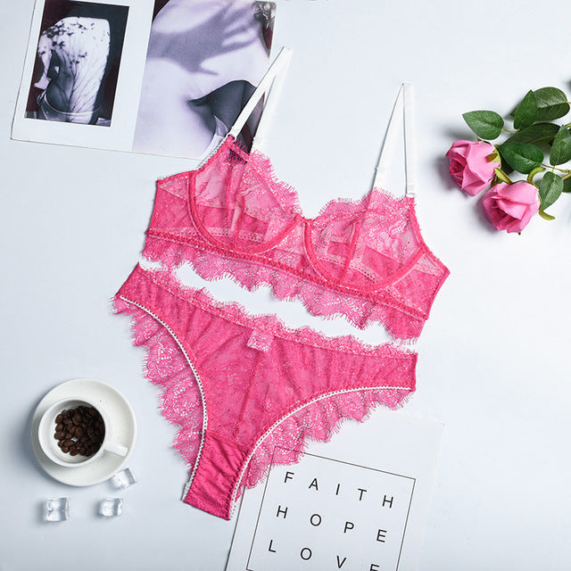 Women Sexy Patchwork Underwear Hollow Out Erotic Costumes Bra and Thong Sensual Lingerie Lace Exotic Perspective Night Underwear