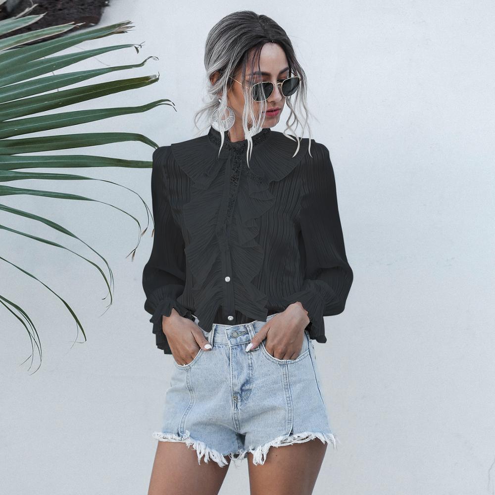 Women Sexy See Through Ruffle Blouse Ladies Sequin Stand Neck Long Sleeve Chiffon Tops 2020 Autumn New Fashion Streetwear Shirts