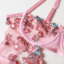 Load image into Gallery viewer, Women Sexy Sensual Lingerie Bodysuit Underwear Erotic Floral Embroidery Perspective Mesh Bra with Garters Set Exotic Costumes
