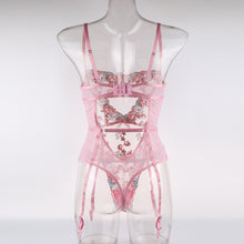 Load image into Gallery viewer, Women Sexy Sensual Lingerie Bodysuit Underwear Erotic Floral Embroidery Perspective Mesh Bra with Garters Set Exotic Costumes
