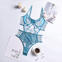 Load image into Gallery viewer, Women Sexy Sensual Lingerie Bodysuit Underwear Erotic Lace Embroidery Hollow Out Mesh Bra with Garters Set Exotic Costumes