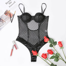 Load image into Gallery viewer, Women Sexy Sensual Lingerie Bodysuit Underwear Erotic Lace Fetish Hollow Out Mesh Gathered Bra Bondage Jumpsuit Exotic Costumes