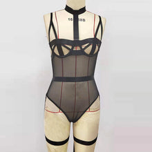 Load image into Gallery viewer, Women Sexy Sensual Lingerie Bodysuit Underwear with Leg Straps Erotic Lace Hollow Out Mesh Bra with Garters Set Exotic Costumes
