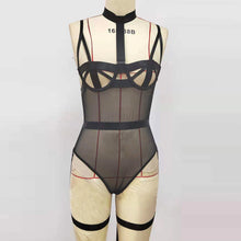Load image into Gallery viewer, Women Sexy Sensual Lingerie Bodysuit Underwear with Leg Straps Erotic Lace Hollow Out Mesh Bra with Garters Set Exotic Costumes