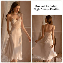 Load image into Gallery viewer, Women Sexy Sleepwear Lingerie White Lace Long Satin Nightdress Satin Nightgown V-neck Perspective Home Wear Suspender NightDress