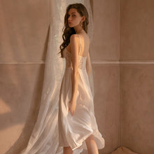 Load image into Gallery viewer, Women Sexy Sleepwear Lingerie White Lace Long Satin Nightdress Satin Nightgown V-neck Perspective Home Wear Suspender NightDress