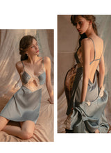 Load image into Gallery viewer, Women Sexy Sleepwear Satin Slip Dress Lace Nightgown Transparent Suspenders Nightdress Skirt Femme Lingerie Hollow Out