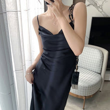 Load image into Gallery viewer, Women Sexy Strap Dress Satin Mini Dress French Sweet Inner Dress Backless Bodycon A-line Elegant Slim Long Skirt Clavicle Dress