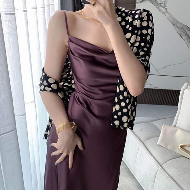 Women Sexy Strap Dress Satin Mini Dress French Sweet Inner Dress Backless Bodycon A-line Elegant Slim Long Skirt Clavicle Dress