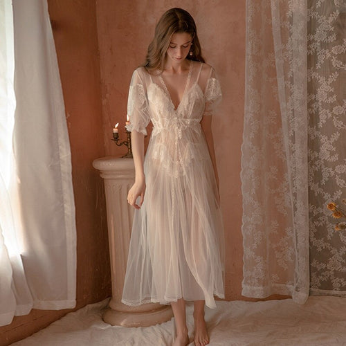 Women Sexy Temptation Cute Lace Pajamas Suspenders Nightdress Silk Lingerie and Robe Lace Elegant Net Yarn Pajama Set Homewear