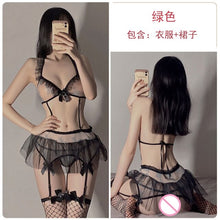 Load image into Gallery viewer, Women Sexy Underwear Lace Mesh See-through Backless Pajamas 2Pcs Cute Bow Lovely Uniform Suit Skirt Seductive Sleepwear Outfit