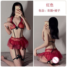 Load image into Gallery viewer, Women Sexy Underwear Lace Mesh See-through Backless Pajamas 2Pcs Cute Bow Lovely Uniform Suit Skirt Seductive Sleepwear Outfit