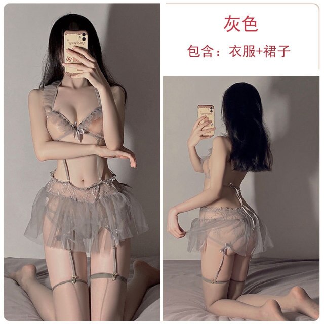Women Sexy Underwear Lace Mesh See-through Backless Pajamas 2Pcs Cute Bow Lovely Uniform Suit Skirt Seductive Sleepwear Outfit