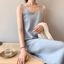 Load image into Gallery viewer, Women Sexy V Neck Satin Dress Casual Spaghetti Strap Home Solid Midi Dresses Spring Autumn Fashion Loose Elegant Party dresses