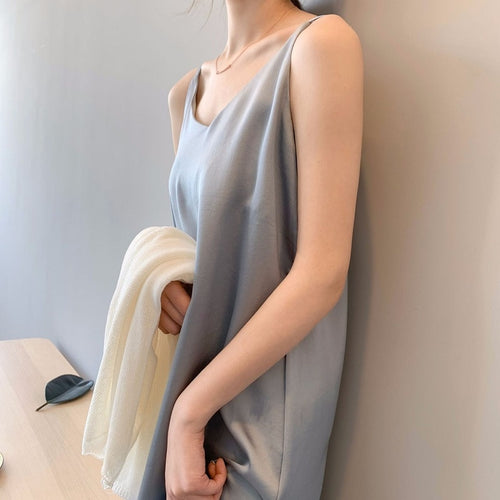 Women Sexy V Neck Satin Dress Casual Spaghetti Strap Home Solid Midi Dresses Spring Autumn Fashion Loose Elegant Party dresses